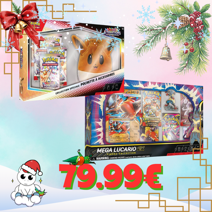 Lot de Noël : 1 Coffret Collection avec figurine Méga-Lucario EX + 1  Collection spéciale pochette à accessoires Ev8.5 Évolutions Prismatiques